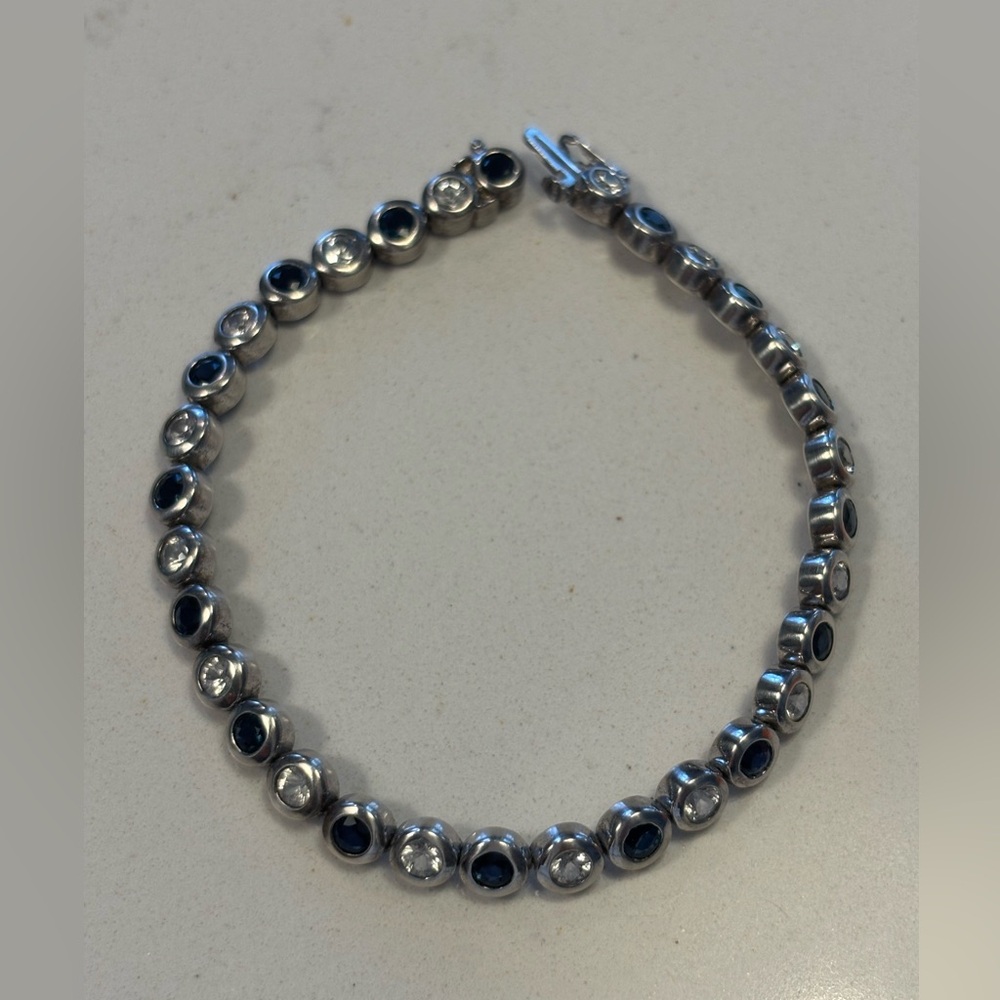 Vintage Sterling 925 Silver Bezel Set Blue and White Sapphire Tennis Bracelet